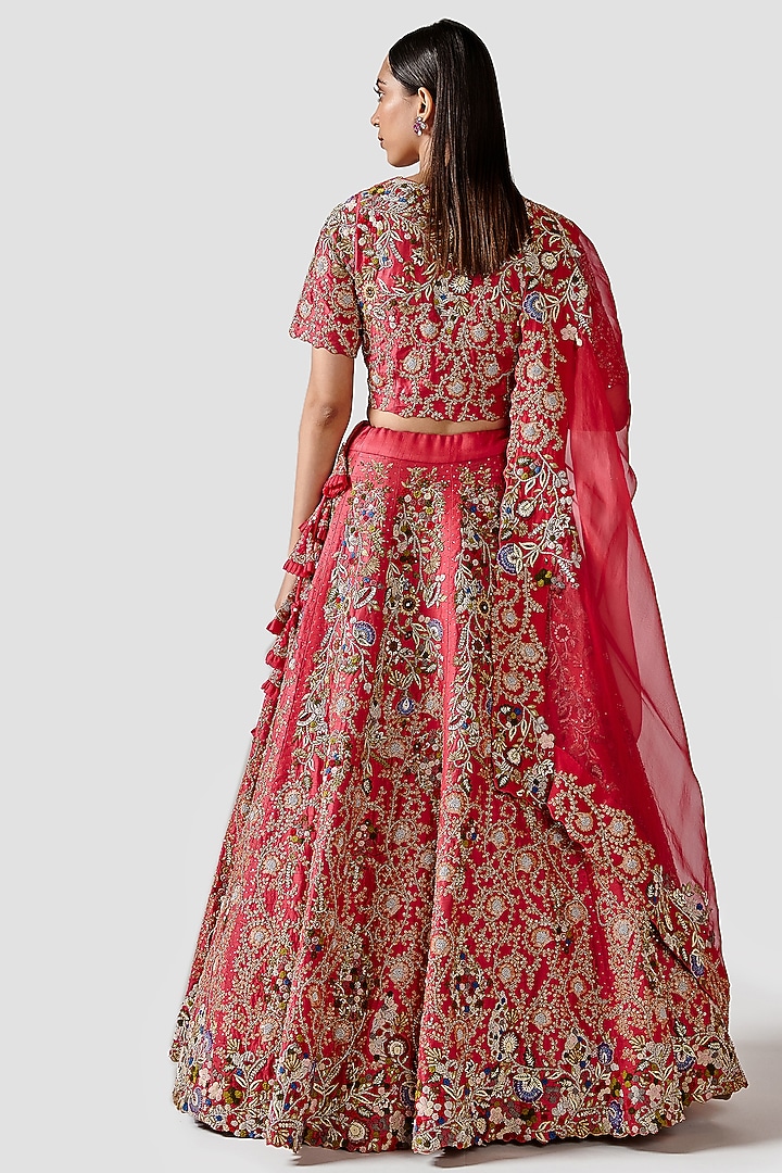 Coral Pink Hand Embroidered Wedding Lehenga Set by Swati Narula at Pernia's Pop Up Shop