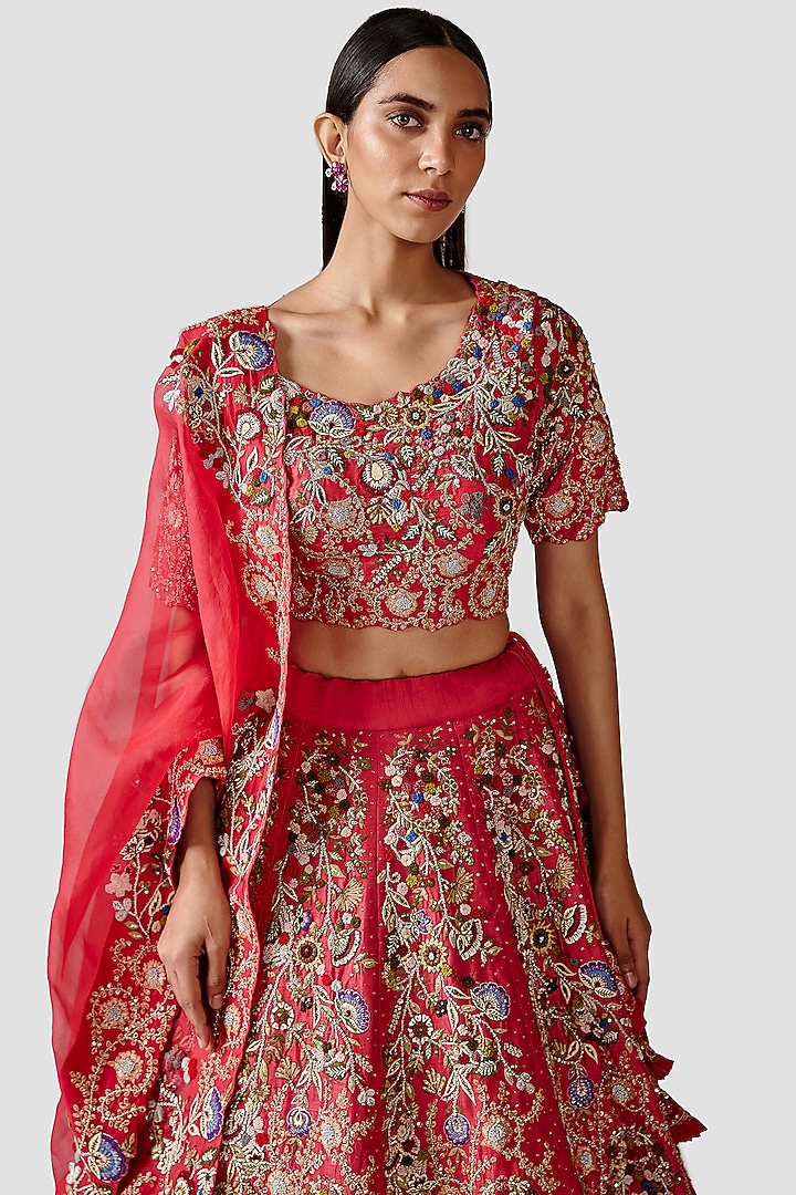 Coral Pink Hand Embroidered Wedding Lehenga Set by Swati Narula at Pernia's Pop Up Shop