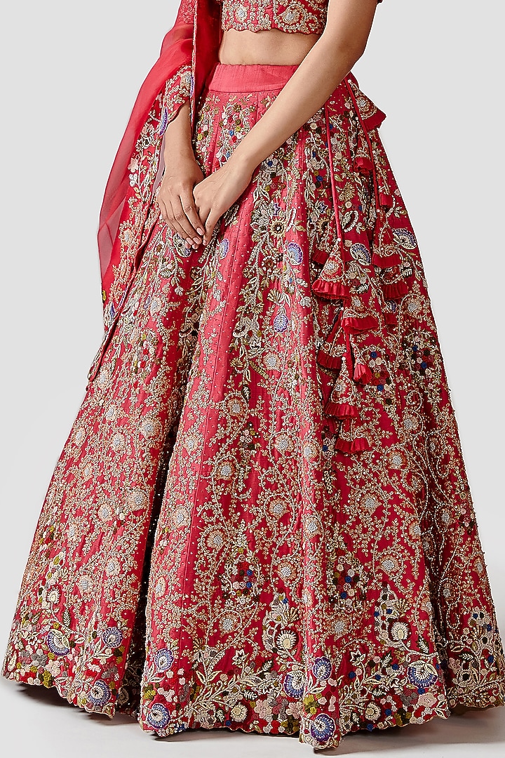 Coral Pink Hand Embroidered Wedding Lehenga Set by Swati Narula at Pernia's Pop Up Shop