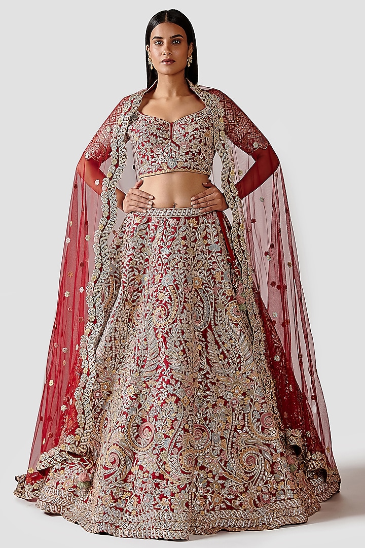 Red Silk Lehenga Set With Hand Embroidery by Swati Narula