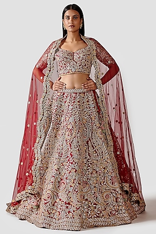 Red Silk Lehenga Set With Hand Embroidery by Swati Narula