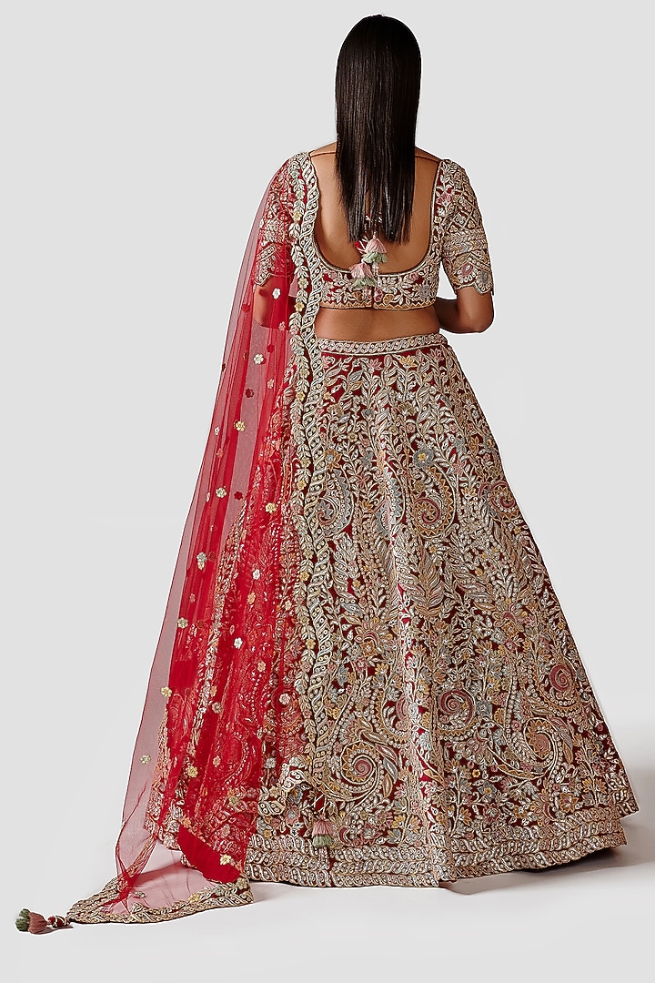 Red Silk Bridal Lehenga Set With Hand Embroidery by Swati Narula at Pernia's Pop Up Shop