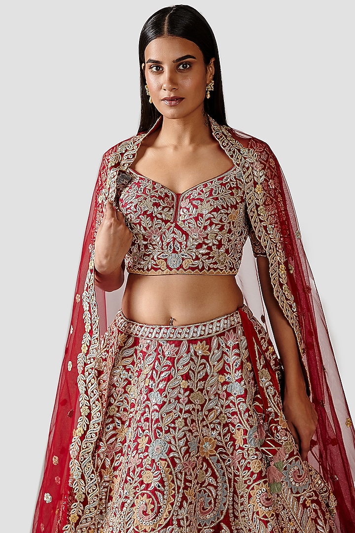 Red Silk Bridal Lehenga Set With Hand Embroidery by Swati Narula at Pernia's Pop Up Shop