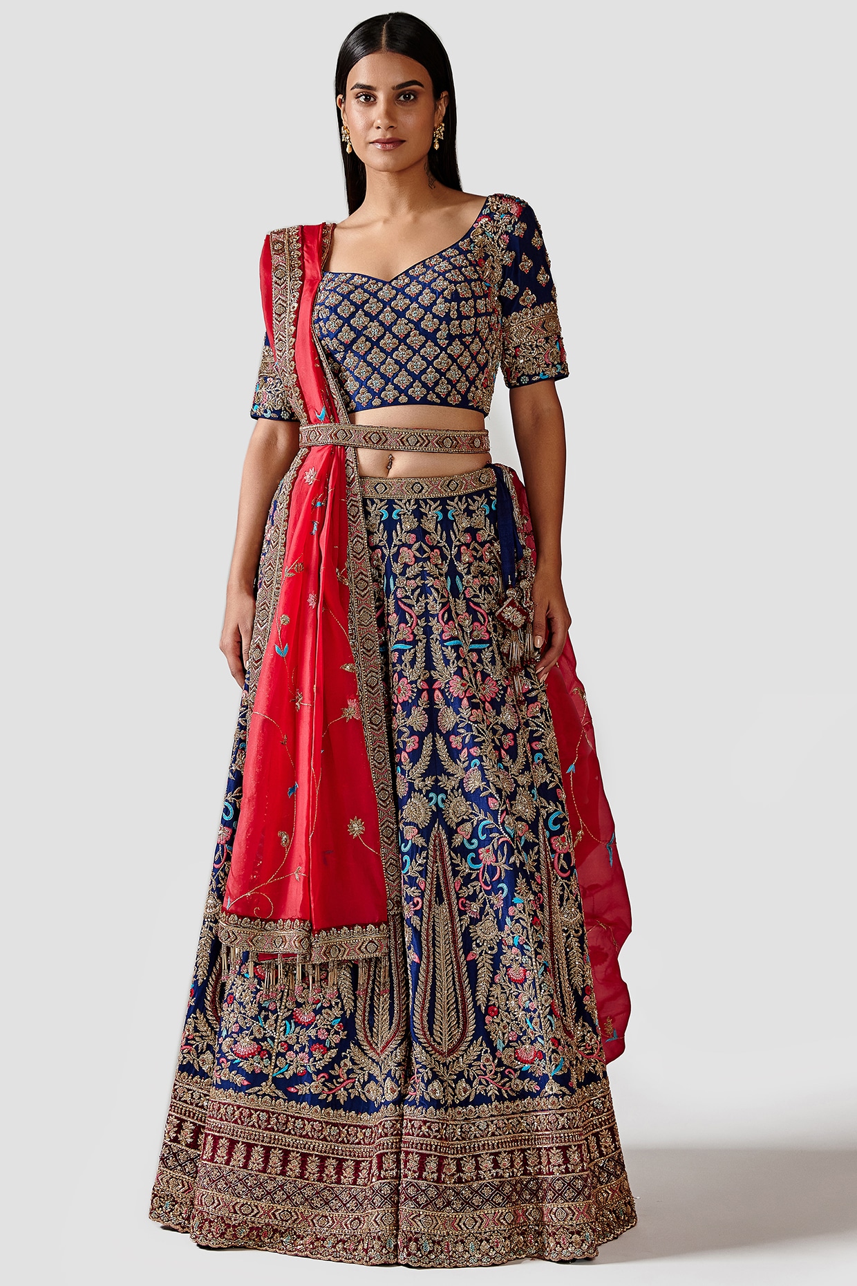 Blue lehenga red blouse bridals wear suit with handwork designs