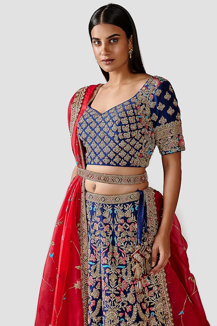 Royal Blue Hand Embroidered Bridal Lehenga Set by Swati Narula at Pernia's Pop Up Shop