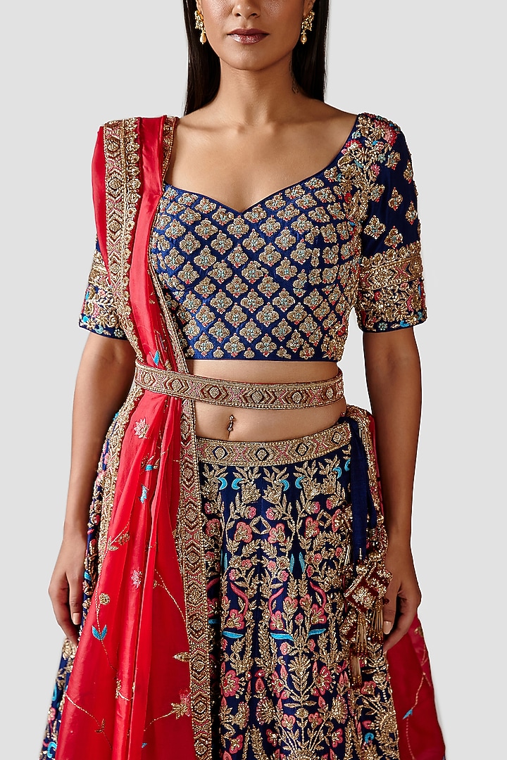 Royal Blue Hand Embroidered Bridal Lehenga Set by Swati Narula at Pernia's Pop Up Shop