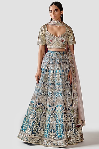 Teal Blue Hand Embroidered Lehenga Set by Swati Narula