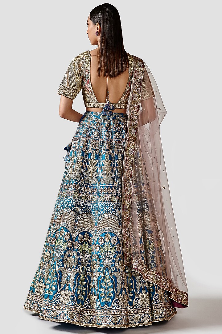 Teal Blue Hand Embroidered Bridal Lehenga Set by Swati Narula at Pernia's Pop Up Shop