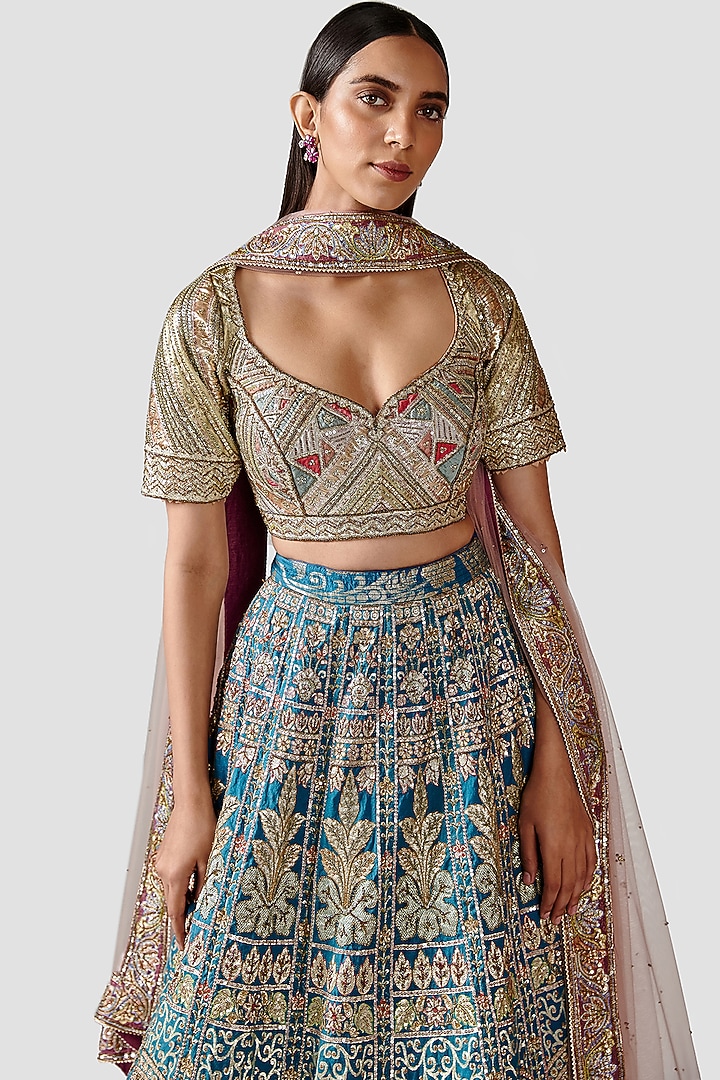 Teal Blue Hand Embroidered Bridal Lehenga Set by Swati Narula at Pernia's Pop Up Shop
