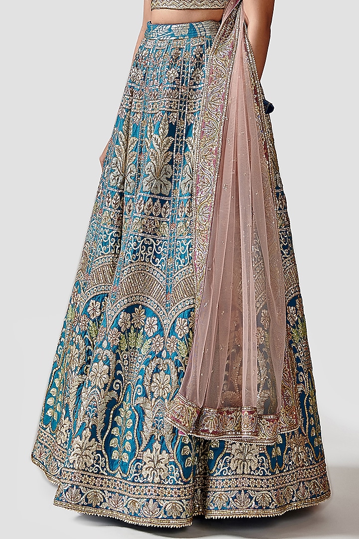 Teal Blue Hand Embroidered Bridal Lehenga Set by Swati Narula at Pernia's Pop Up Shop