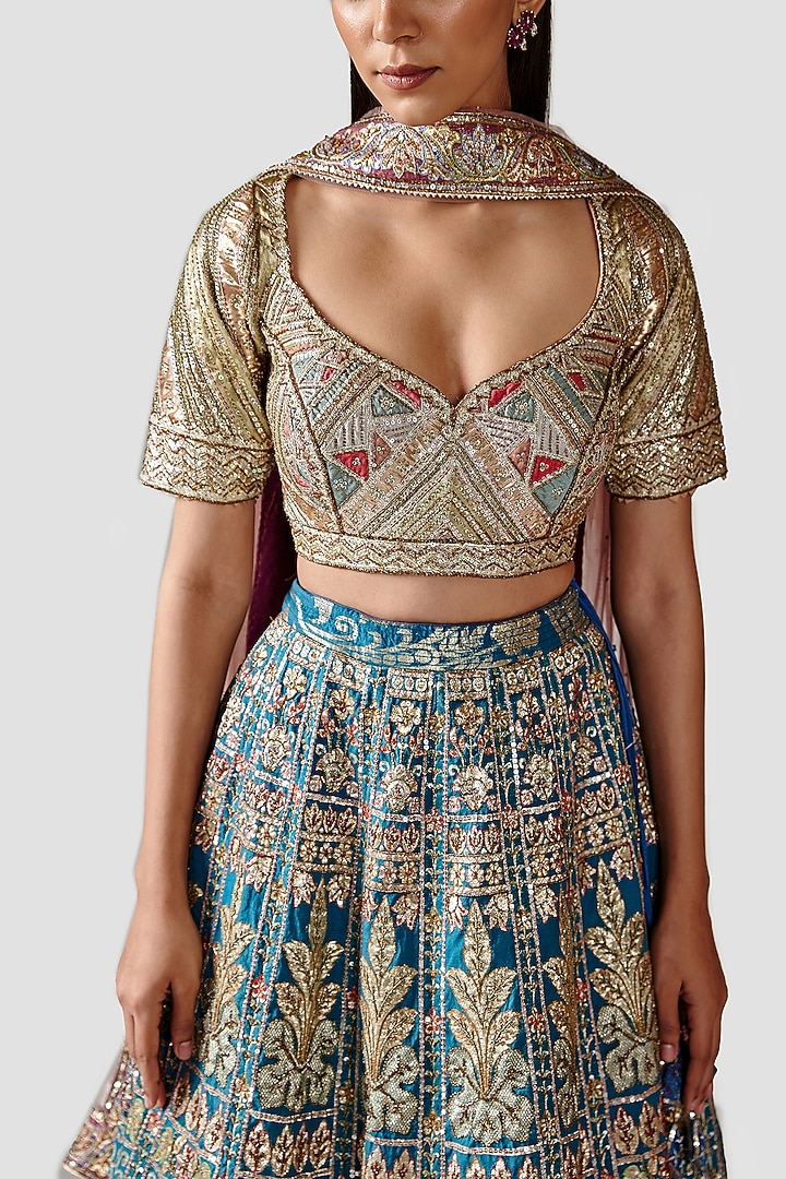 Teal Blue Hand Embroidered Bridal Lehenga Set by Swati Narula at Pernia's Pop Up Shop