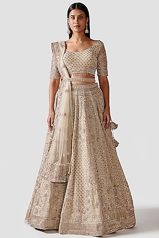 Ivory-Gold Hand Embroidered Lehenga Set by Swati Narula