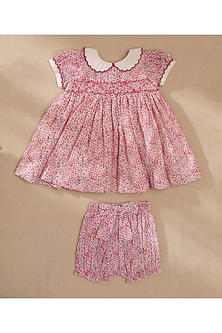 Pink Organic Cotton Floral Printed & Hand Embroidered Dress For Girls by Swoon baby