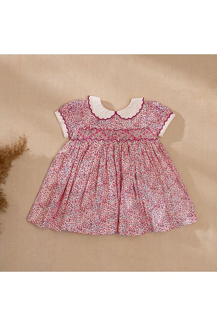 Pink Organic Cotton Floral Printed & Hand Embroidered Dress For Girls by Swoon baby at Pernia's Pop Up Shop