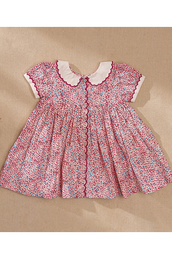 Pink Organic Cotton Floral Printed & Hand Embroidered Dress For Girls by Swoon baby at Pernia's Pop Up Shop