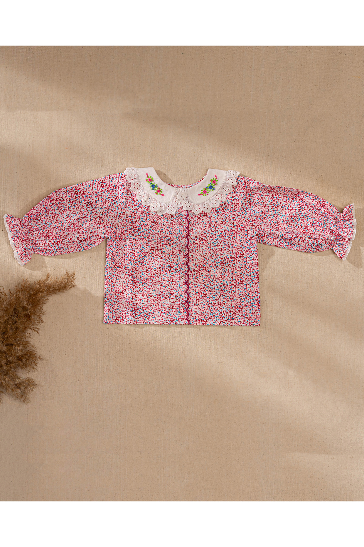 Pink Organic Cotton Floral Printed & Hand Embroidered Top For Girls by Swoon baby at Pernia's Pop Up Shop