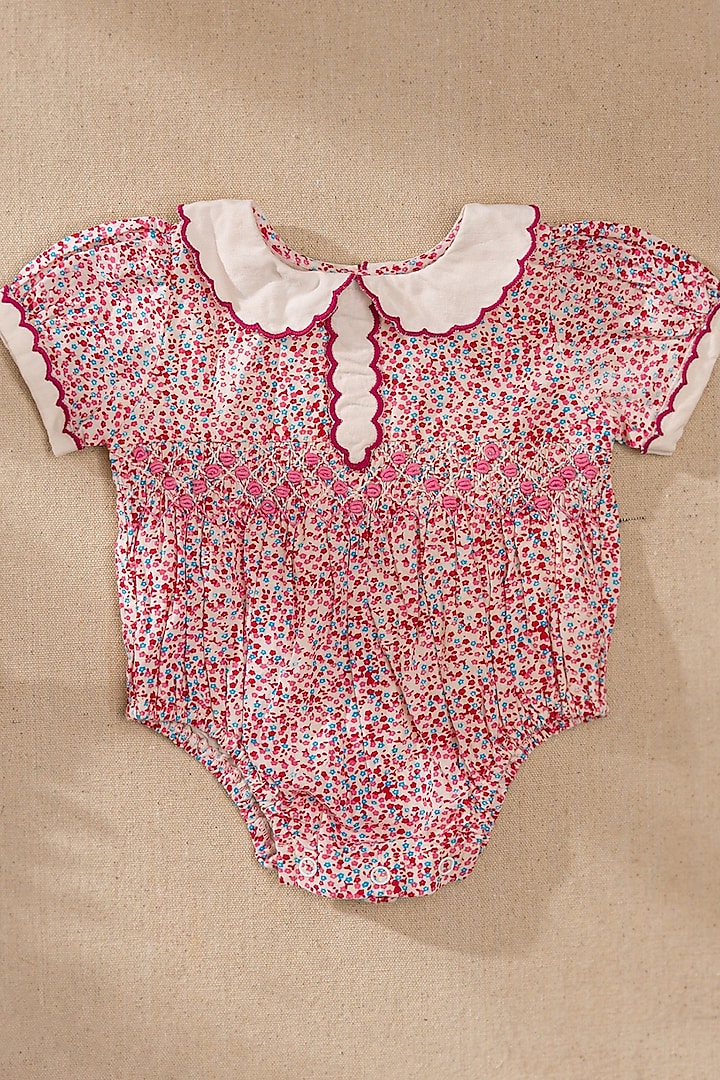 Pink Organic Cotton Floral Printed & Hand Embroidered Romper For Girls by Swoon baby at Pernia's Pop Up Shop