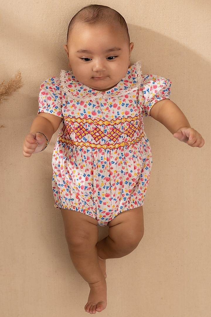 Pink Organic Cotton Floral Printed & Hand Embroidered Romper For Girls by Swoon baby at Pernia's Pop Up Shop