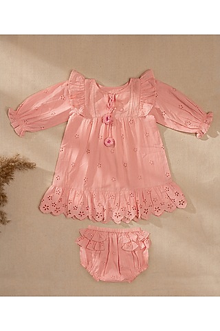 Pink Organic Cotton Crochet Embroidered Dress For Girls by Swoon baby