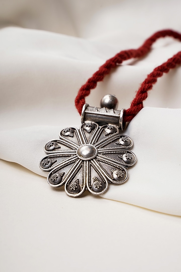 Oxidised Silver Finish Floral Dori Pendant Necklace In Sterling Silver by Swadeshi Pitara at Pernia's Pop Up Shop