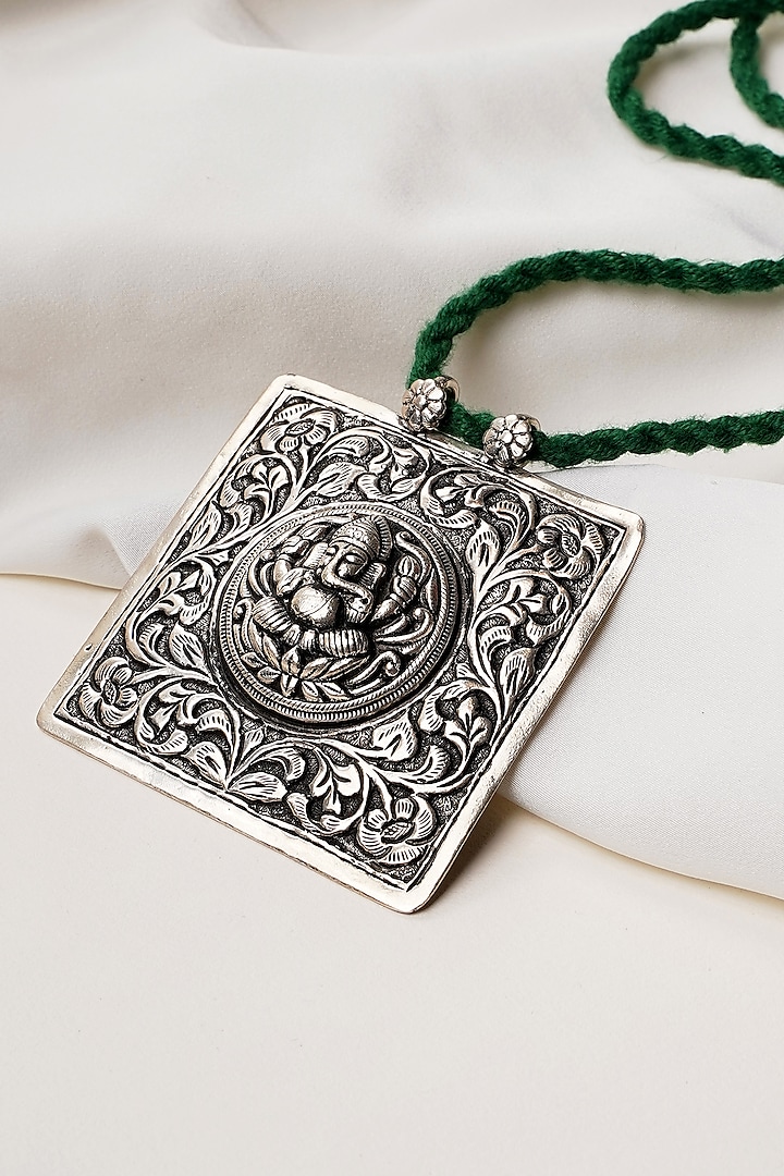 Oxidised Silver Finish Chittai Ganesha Dori Pendant Necklace In Sterling Silver by Swadeshi Pitara at Pernia's Pop Up Shop
