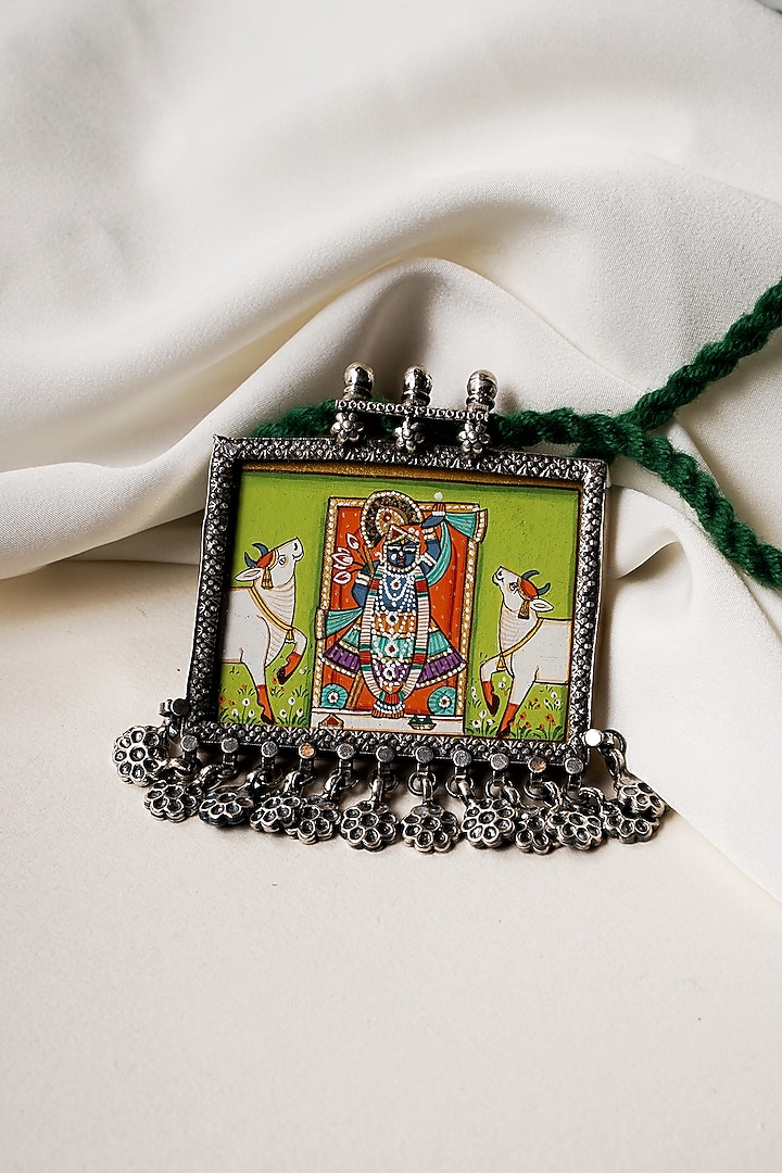 Oxidised Silver Finish Hastkala Hand Painted Dori Pendant Necklace In Sterling Silver by Swadeshi Pitara at Pernia's Pop Up Shop