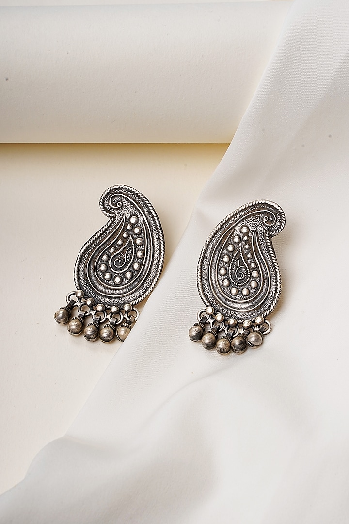 Oxidised Silver Finish Ghungroo Beads Paisley Stud Earrings In Sterling Silver by Swadeshi Pitara at Pernia's Pop Up Shop