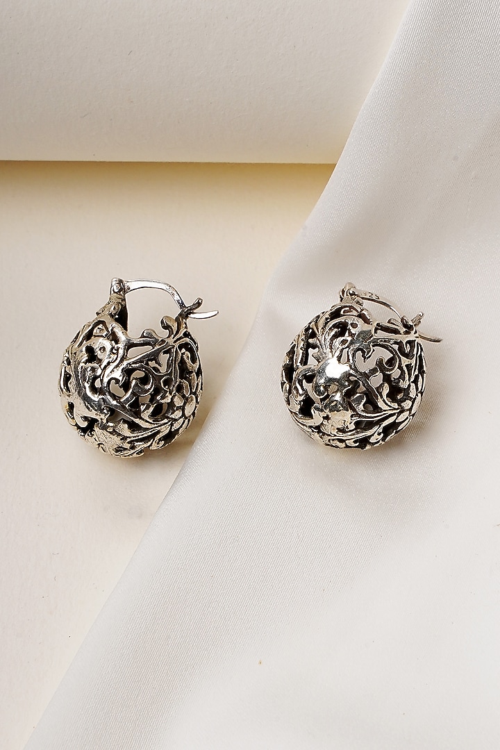 Oxidised Silver Finish Jali Work Floral Drop Earrings In Sterling Silver by Swadeshi Pitara at Pernia's Pop Up Shop