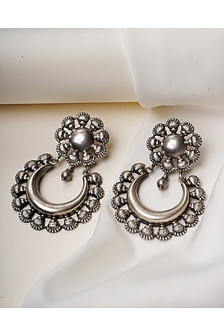 Oxidised Silver Finish Chandbali Earrings In Sterling Silver by Swadeshi Pitara