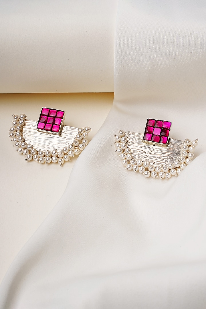 Oxidised Silver Finish Ruby Pink Stone Stud Earrings In Sterling Silver by Swadeshi Pitara at Pernia's Pop Up Shop