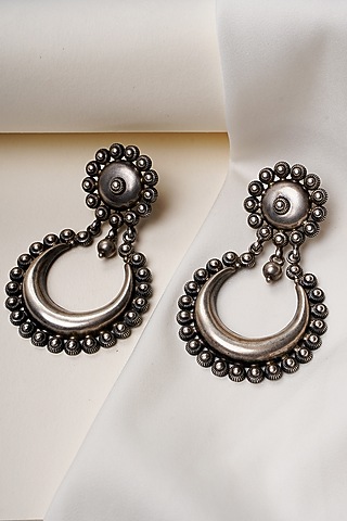 Oxidised Silver Finish Chandbali Earrings In Sterling Silver by Swadeshi Pitara