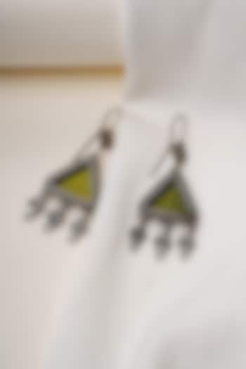 Oxidised Silver Finish Green Handpainted Dangler Earrings In Sterling Silver by Swadeshi Pitara at Pernia's Pop Up Shop