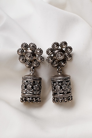 Oxidised Silver Finish Jhumka Earrings In Sterling Silver by Swadeshi Pitara