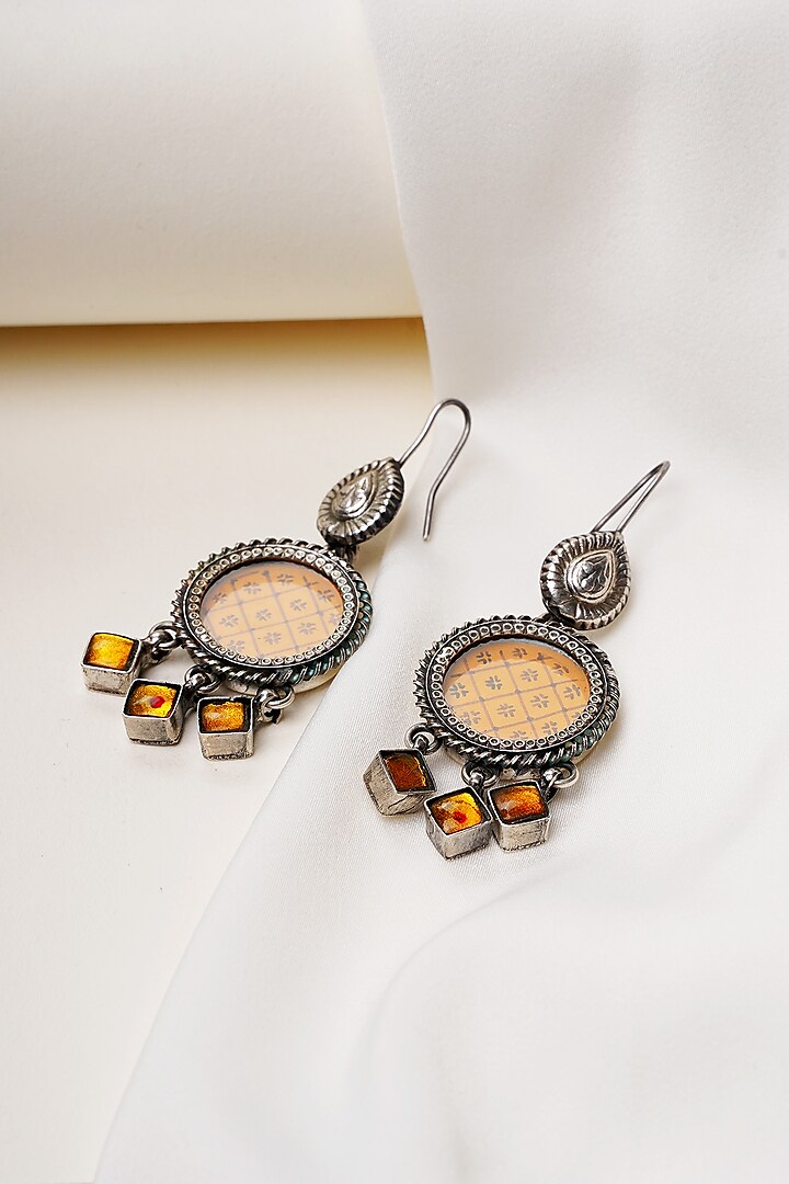 Oxidised Silver Finish Handpainted Pichwai Dangler Earrings In Sterling Silver by Swadeshi Pitara at Pernia's Pop Up Shop