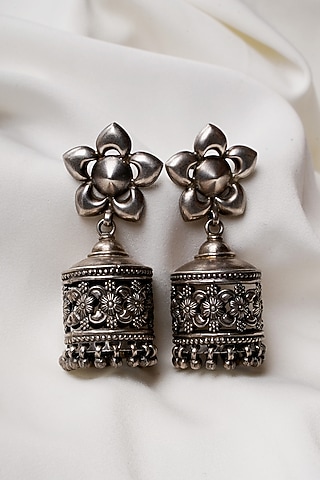 Oxidised Silver Finish Jhumka Earrings In Sterling Silver by Swadeshi Pitara