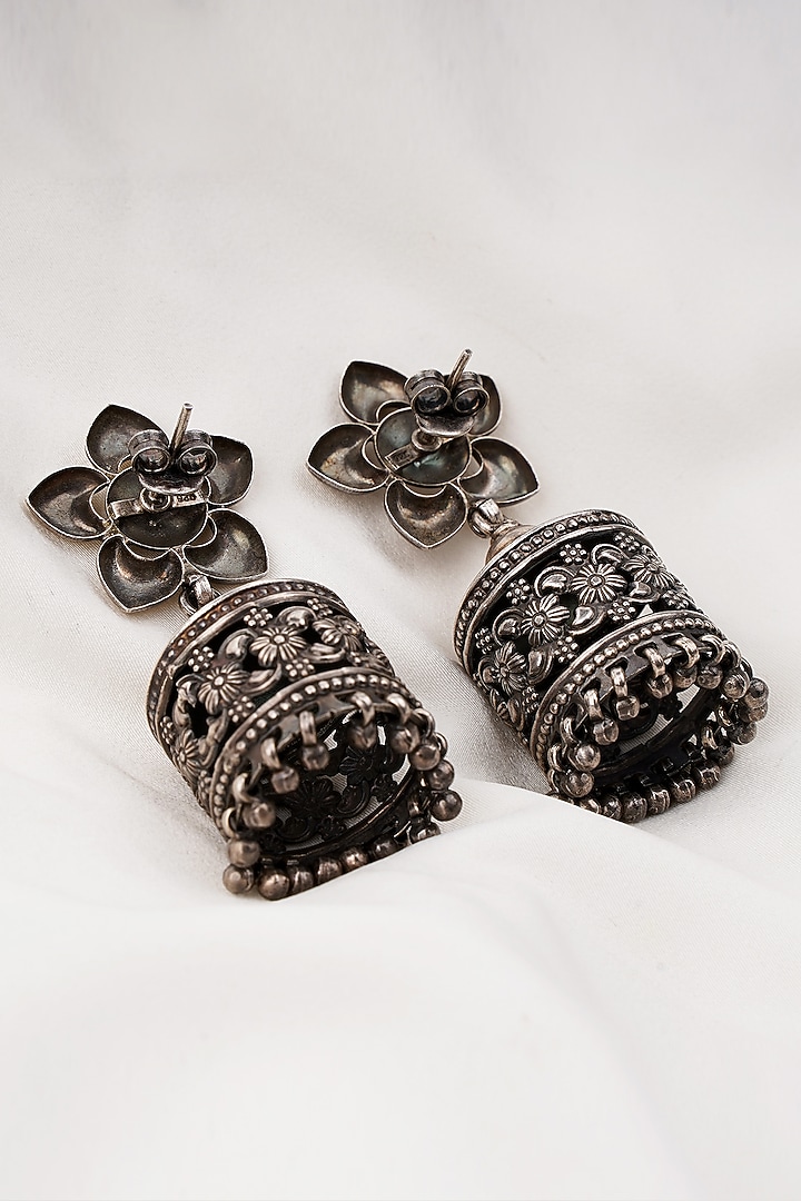 Oxidised Silver Finish Jhumka Earrings In Sterling Silver by Swadeshi Pitara at Pernia's Pop Up Shop