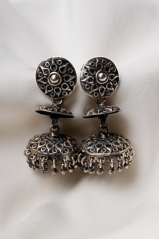 Oxidised Silver Finish Jhumka Earrings In Sterling Silver by Swadeshi Pitara
