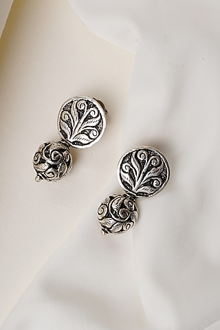 Oxidised Silver Finish Chittai Ball Beaded Dangler Earrings In Sterling Silver by Swadeshi Pitara