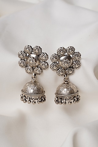Black Rhodium Finish Jhumka Earrings In Sterling Silver by Swadeshi Pitara