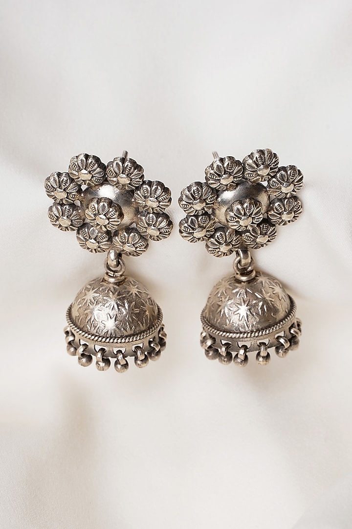 Black Rhodium Finish Jhumka Earrings In Sterling Silver by Swadeshi Pitara at Pernia's Pop Up Shop