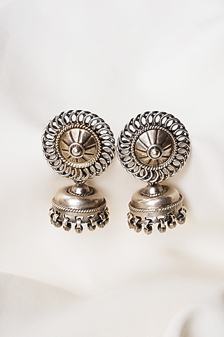 Black Rhodium Finish Jhumka Earrings In Sterling Silver by Swadeshi Pitara