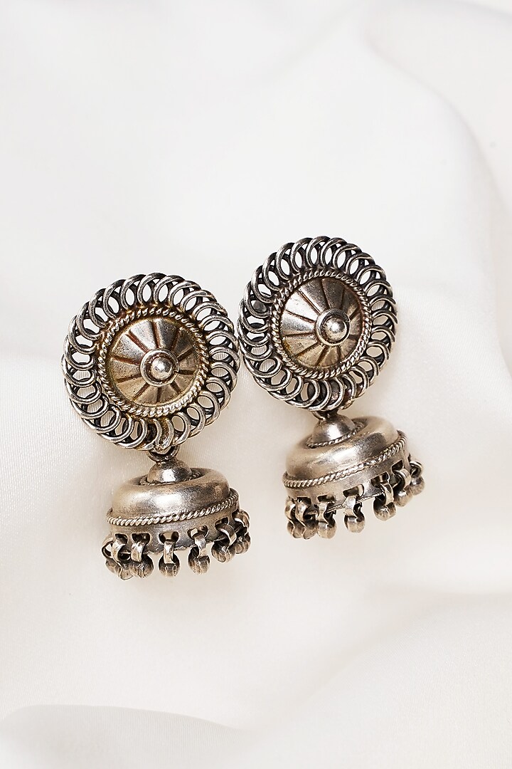 Black Rhodium Finish Jhumka Earrings In Sterling Silver by Swadeshi Pitara at Pernia's Pop Up Shop