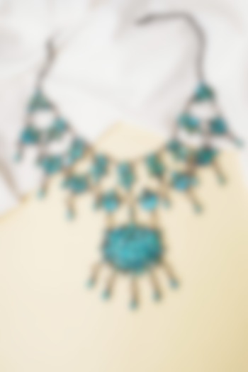 Oxidised Silver Finish Turquoise Stone Handcrafted Long Necklace In Sterling Silver by Swadeshi Pitara at Pernia's Pop Up Shop