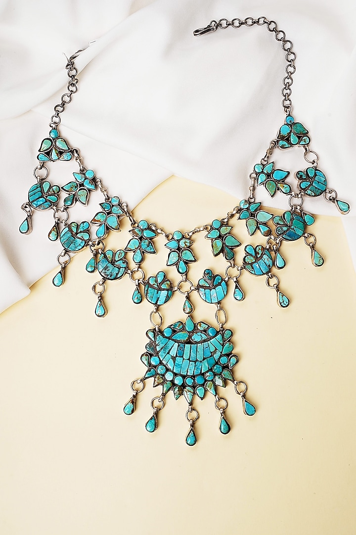 Oxidised Silver Finish Turquoise Stone Handcrafted Long Necklace In Sterling Silver by Swadeshi Pitara at Pernia's Pop Up Shop