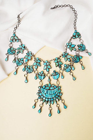 Oxidised Silver Finish Turquoise Stone Handcrafted Long Necklace In Sterling Silver by Swadeshi Pitara