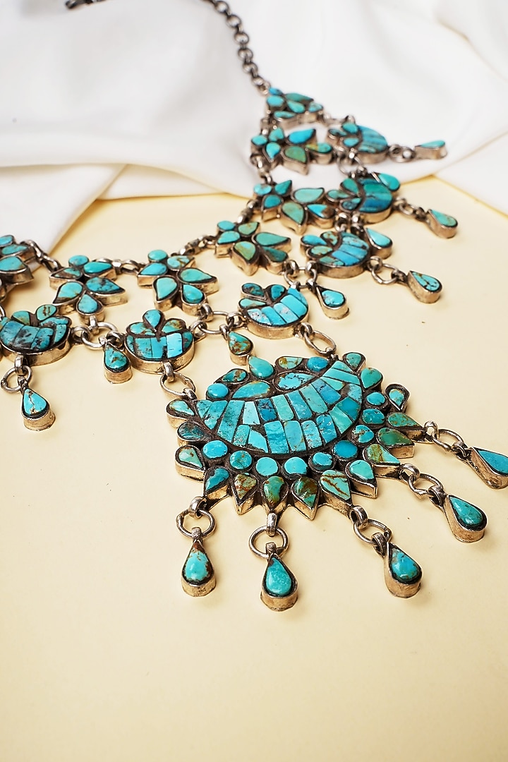 Oxidised Silver Finish Turquoise Stone Handcrafted Long Necklace In Sterling Silver by Swadeshi Pitara at Pernia's Pop Up Shop