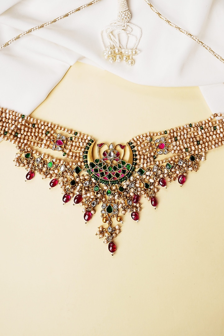 Gold Finish Freshwater Pearl Handcrafted Choker Necklace In Sterling Silver by Swadeshi Pitara at Pernia's Pop Up Shop