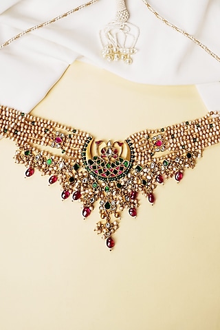 Gold Finish Freshwater Pearl Handcrafted Choker Necklace In Sterling Silver by Swadeshi Pitara