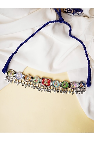 Oxidised Silver Finish Hand Painted Temple Choker Necklace In Sterling Silver by Swadeshi Pitara