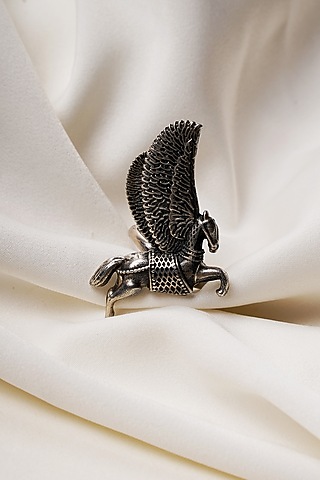 Oxidised Finish Flying Horse Adjustable Ring In Sterling Silver by Swadeshi Pitara